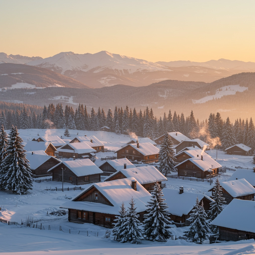 Alba invernale in un villaggio di montagna
