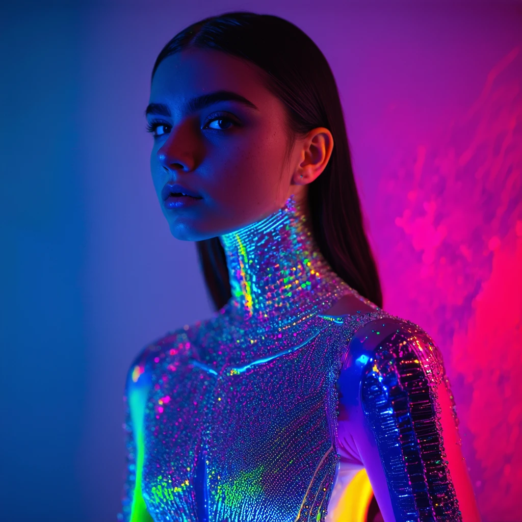 Módní fotografie – Futuristické duhové šaty