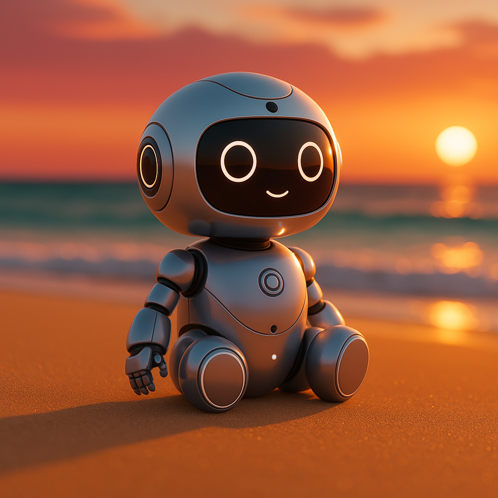 Immagine AI di un piccolo bot seduto sulla spiaggia al tramonto