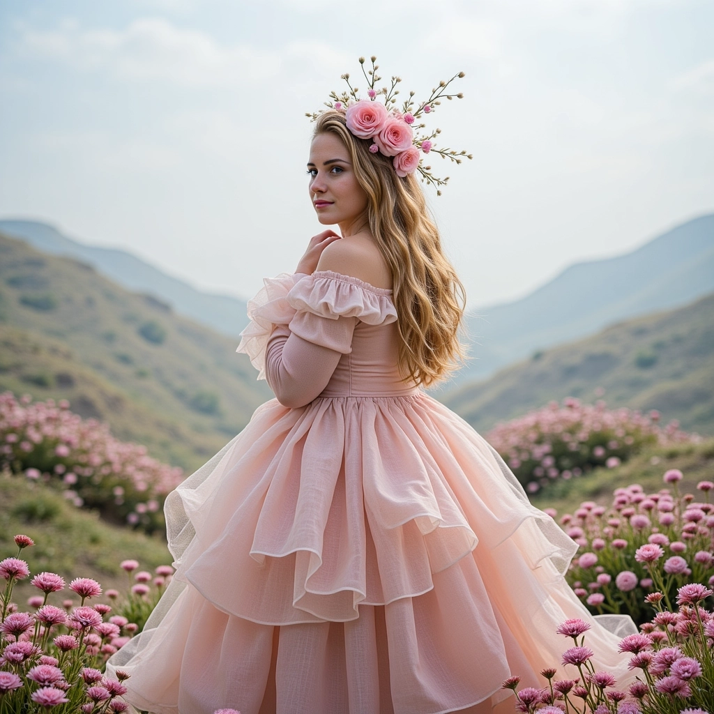 Una ragazza con vestito rosa e copricapo in stile pagano