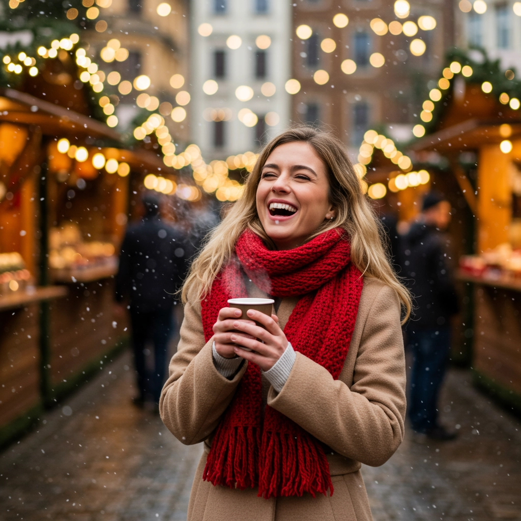 Immagine AI di una ragazza che si diverte a un mercatino di Natale in stile europeo.