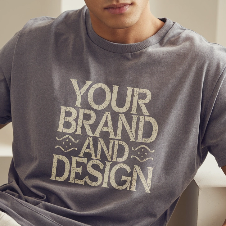 Immagine AI di un uomo che indossa una t-shirt con design semplice e testo 'il tuo brand'.