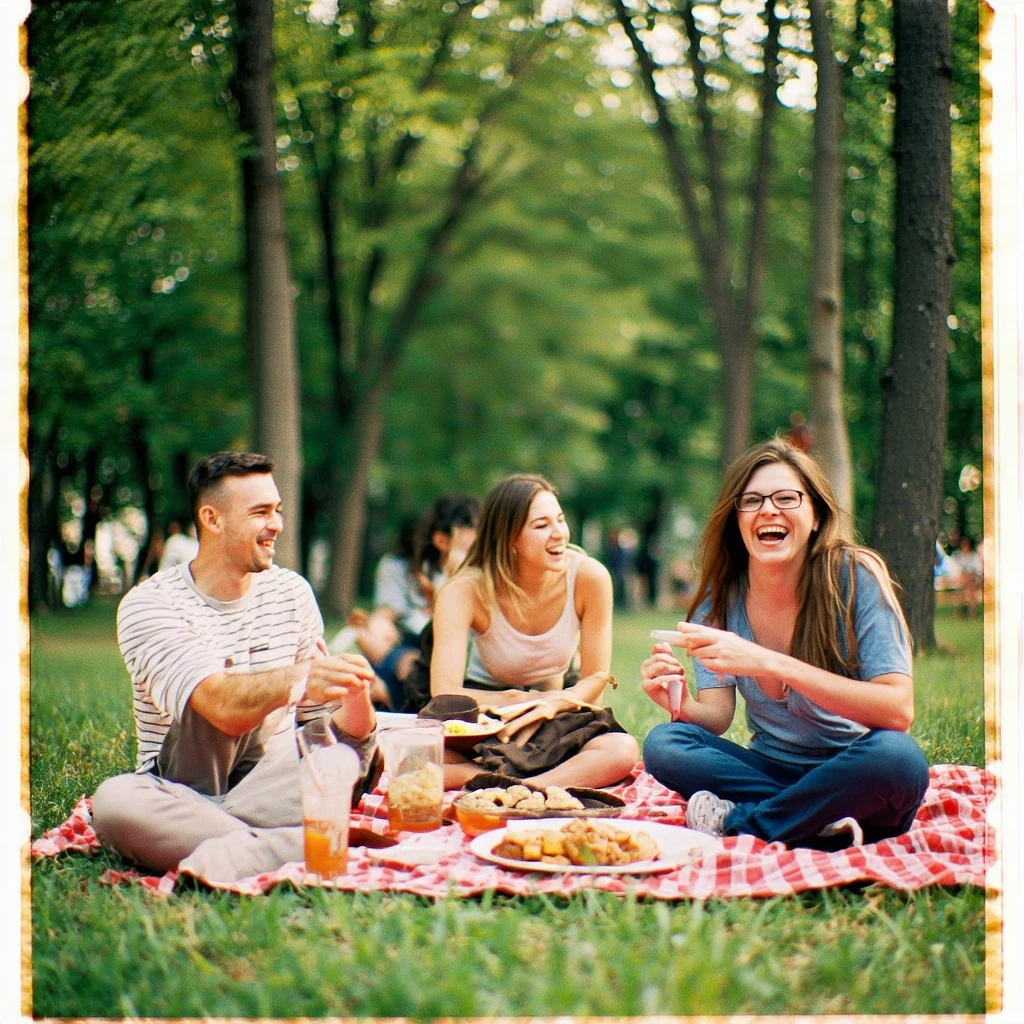 Memoria analogica di un picnic di gruppo in un parco