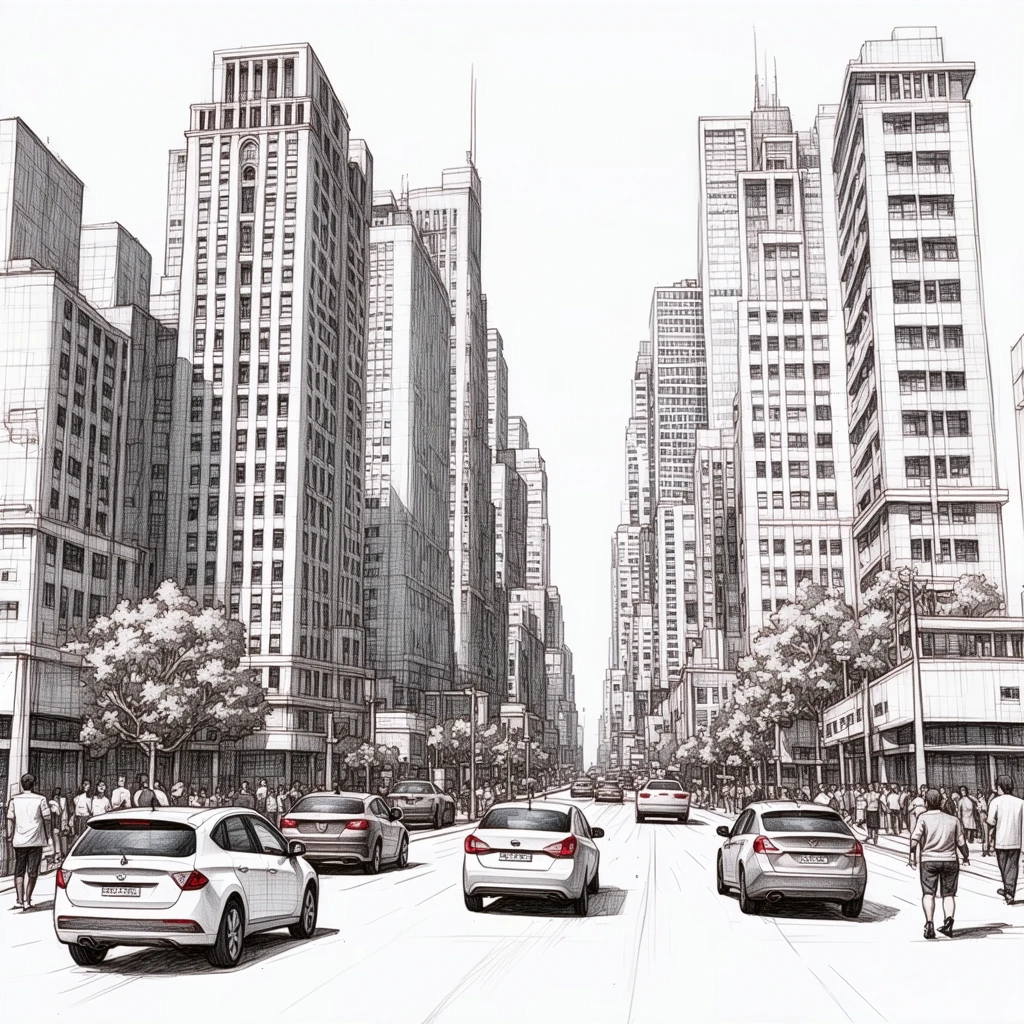 AI-generated pencil sketch of a urban sceene, showing a lively city street